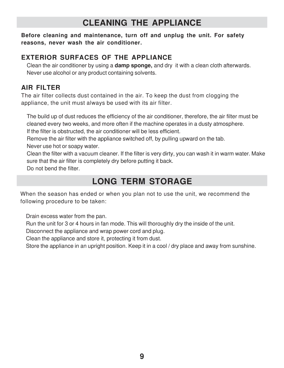 WindChaser Products PACR9S manual Cleaning the Appliance, Long Term Storage 