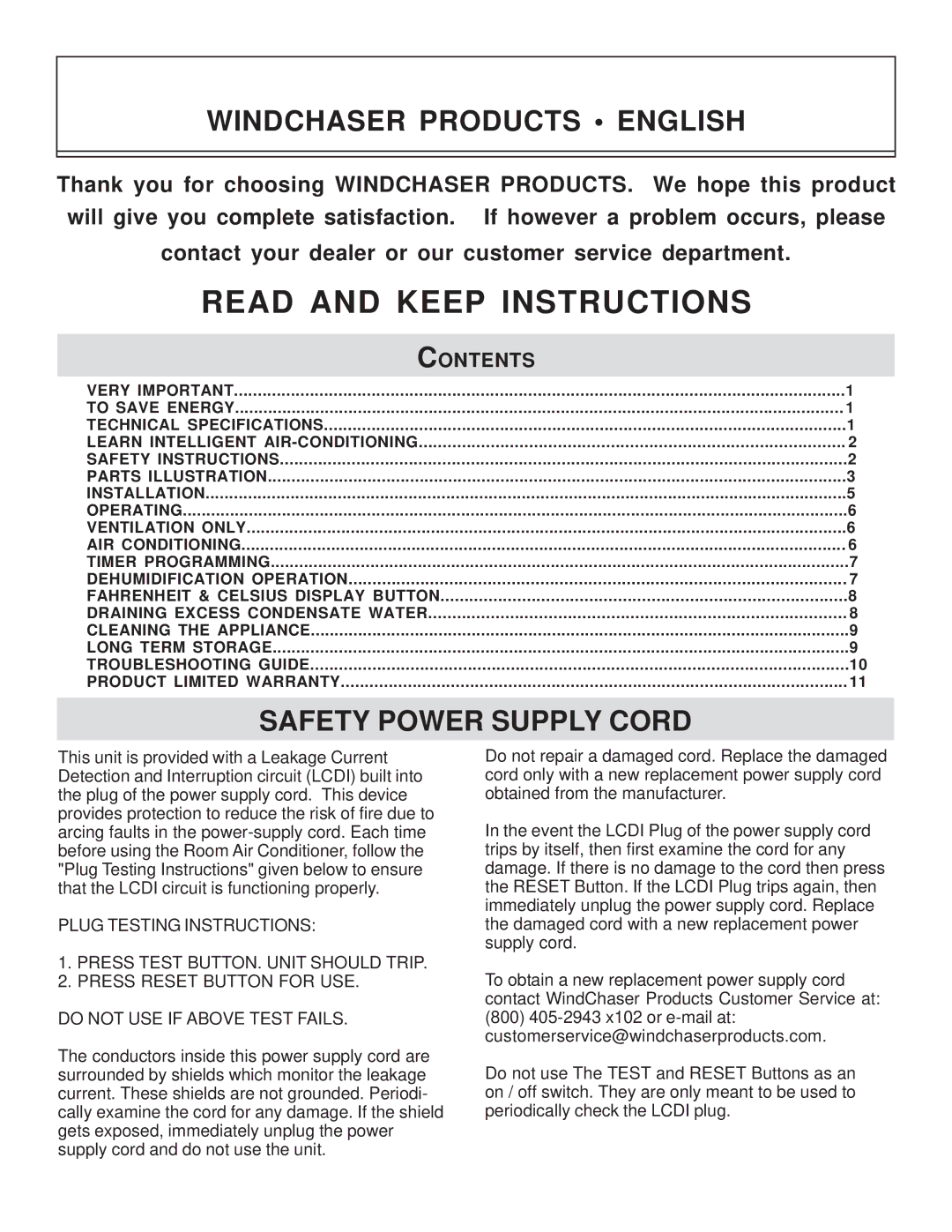 WindChaser Products PACR9S manual Windchaser Products English, Safety Power Supply Cord 