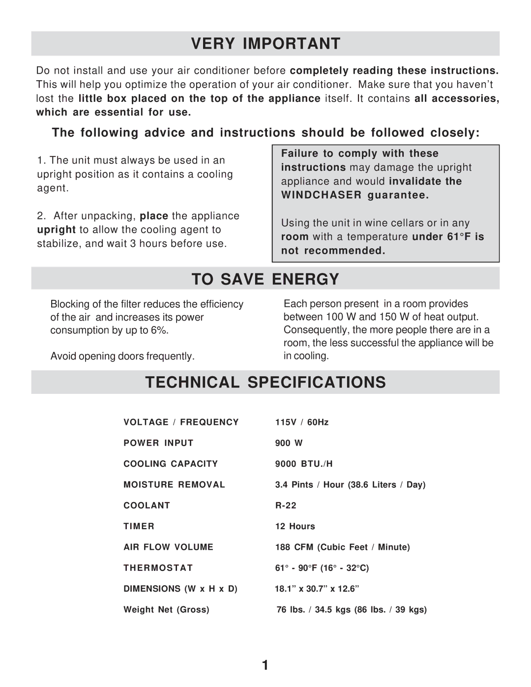 WindChaser Products PACR9S manual Very Important, To Save Energy, Technical Specifications 