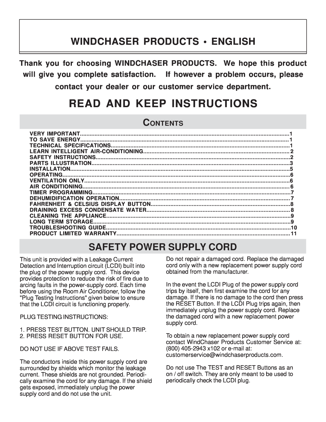 WindChaser Products PACR9S Windchaser Products English, Safety Power Supply Cord, Read And Keep Instructions, Contents 