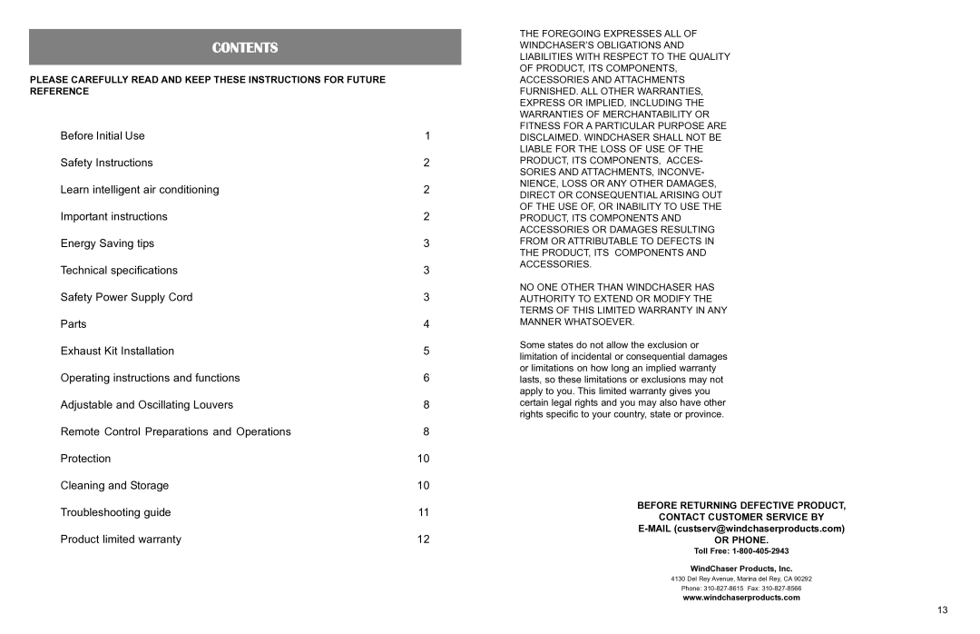 WindChaser Products PACRWC-HP instruction manual Or Phone 