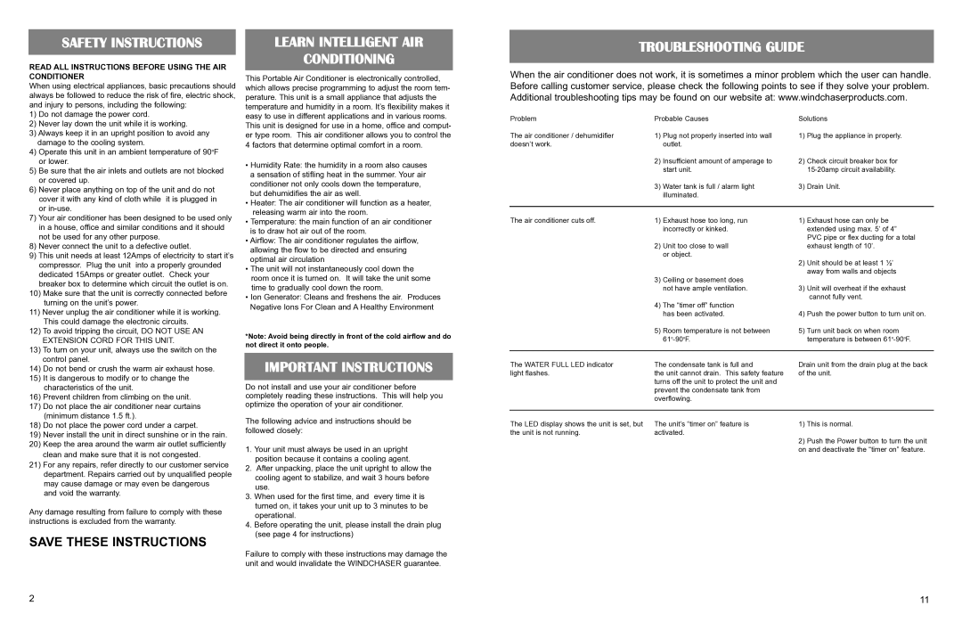 WindChaser Products PACRWC-HP instruction manual Read ALL Instructions Before Using the AIR Conditioner 