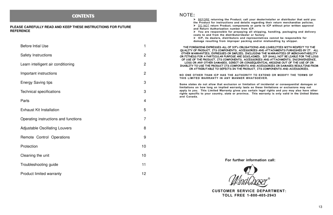 WindChaser Products PACRWC instruction manual Contents 