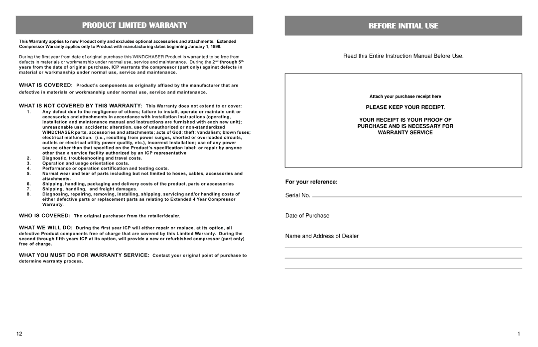WindChaser Products PACRWC Product Limited Warranty, Before Initial USE, Attach your purchase receipt here 