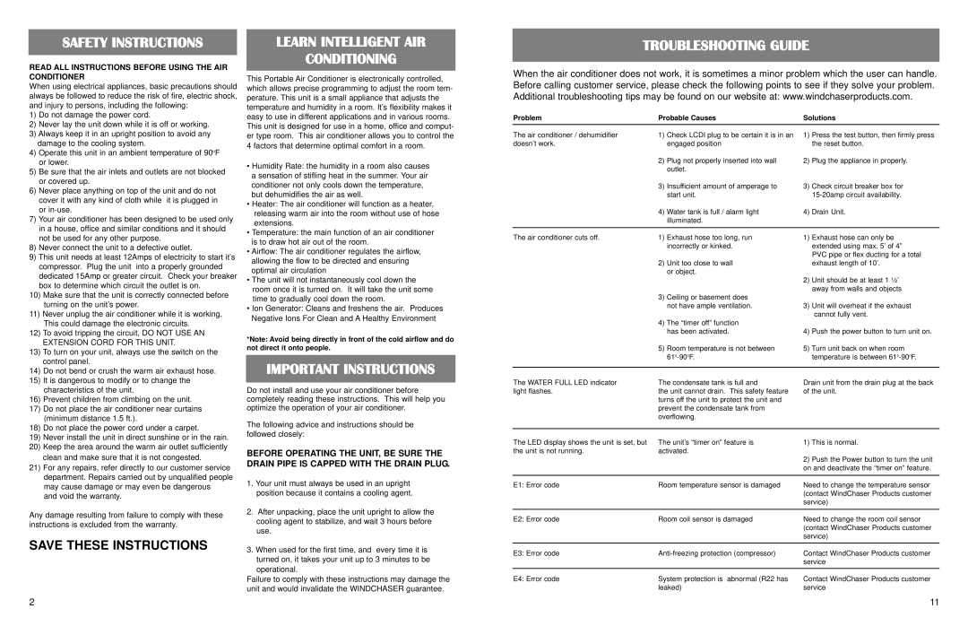 WindChaser Products PACRWC Safety Instructions, Learn Intelligent AIR Conditioning, Important Instructions 