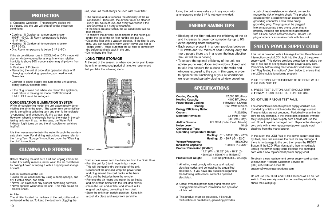 WindChaser Products PACRWC Cleaning and Storage, Energy Saving Tips, Specifications, Safety Power Supply Cord 