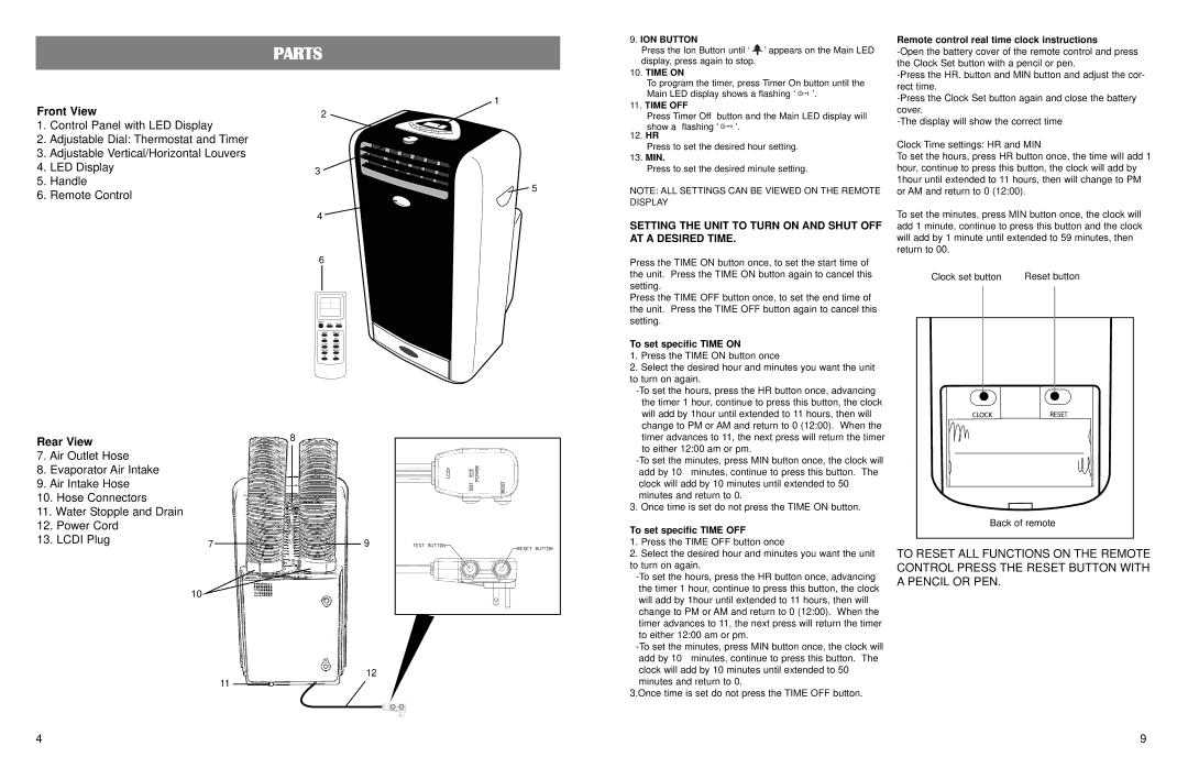 WindChaser Products PACRWC Front View, Rear View, Setting the Unit to Turn on and Shut OFF AT a Desired Time 