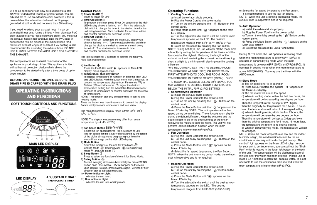 WindChaser Products PACRWC Operating Instructions Functions, Soft Touch Controls and Functions, Control Panel 