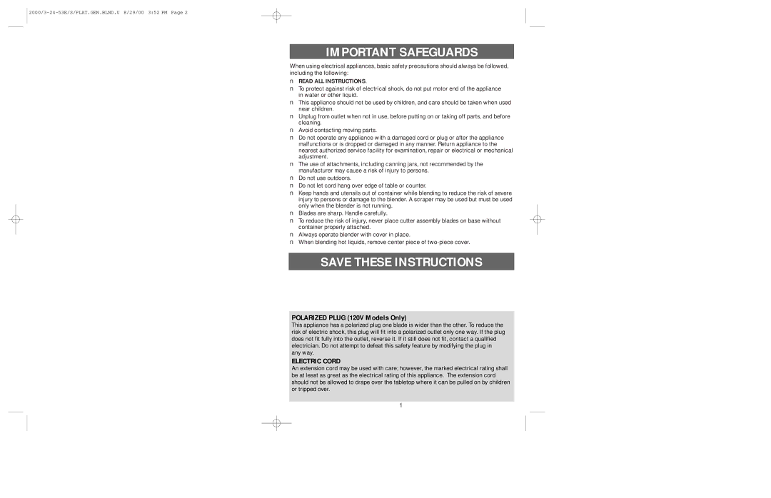 Windmere BD140 manual Important Safeguards, Polarized Plug 120V Models Only, Electric Cord, Read ALL Instructions 