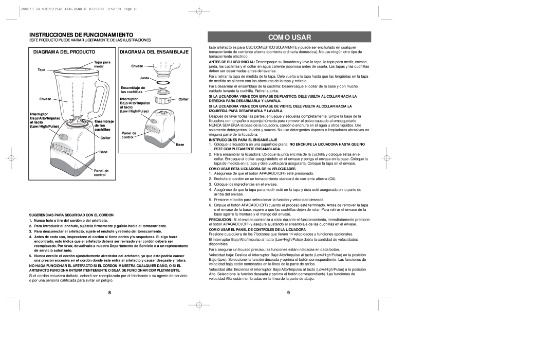 Windmere BD140 manual Como Usar, Instrucciones De Funcionamiento, Diagrama Del Producto, Diagrama Del Ensamblaje 