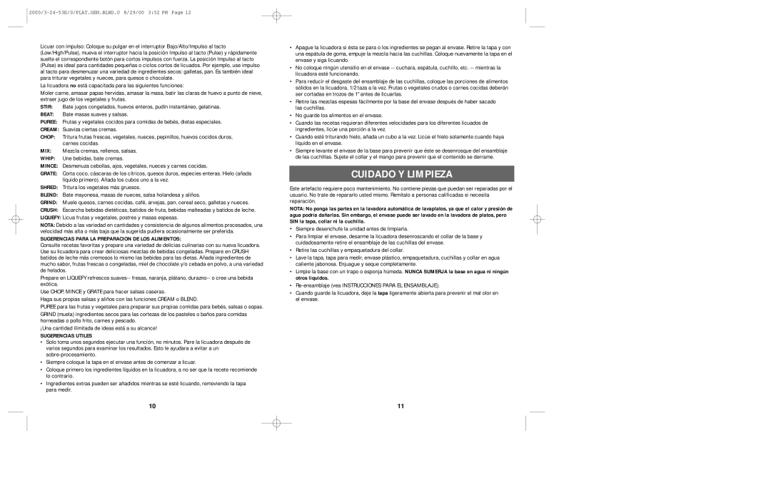 Windmere BD140 manual Cuidado Y Limpieza, Sugerencias Para La Preparacion De Los Alimentos, Sugerencias Utiles 