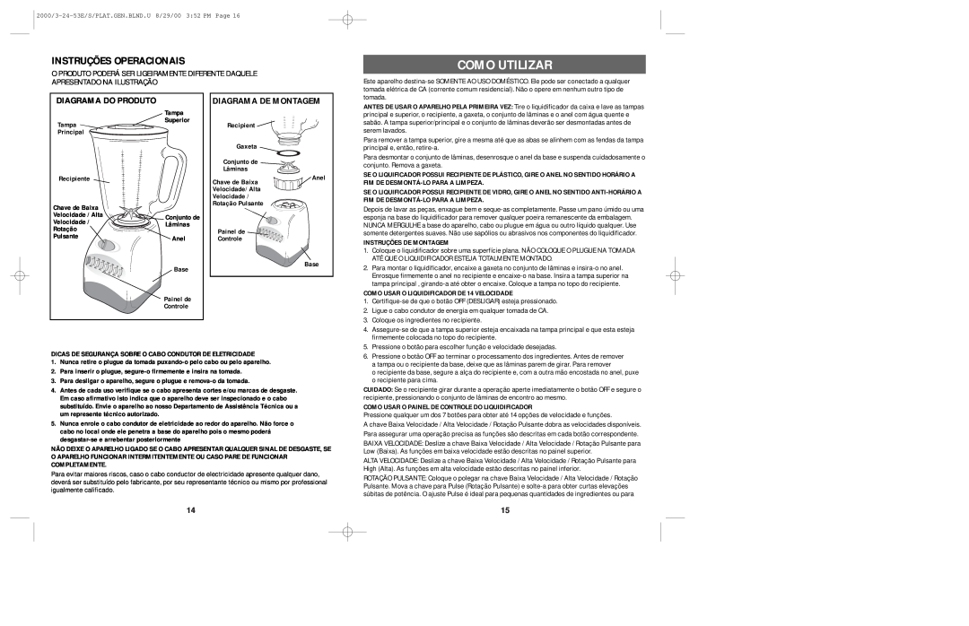Windmere BD140 manual Como Utilizar, Instruções Operacionais, Diagrama Do Produto, Diagrama De Montagem 