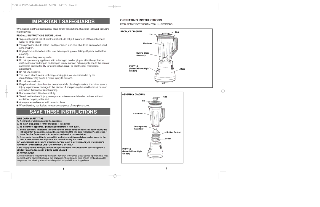 Windmere BD20P, HA-3206 manual Important Safeguards, Operating Instructions 