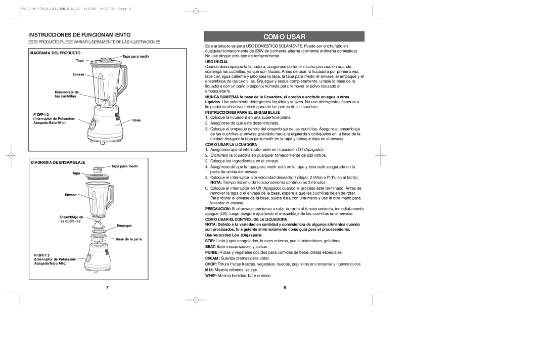 Windmere HA-3206, BD20P manual Como Usar, Instrucciones DE Funcionamiento 