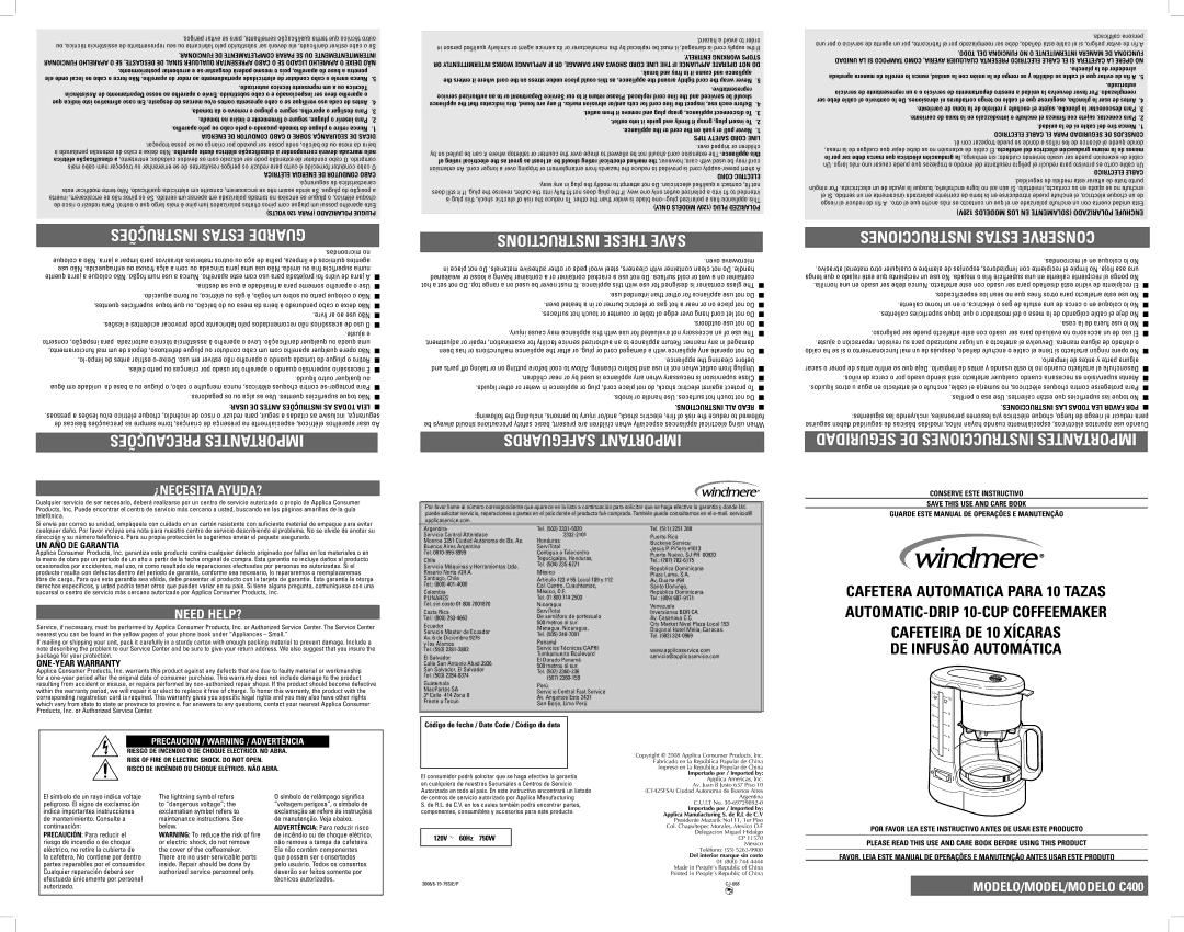 Windmere C400 Funci Nareo, Int, Funci Naroapar LHE O, Qualqu, Ndutcocab ORO, Ermit Nteeme O, Oro, Seu, Wo E, Tip, Cord 