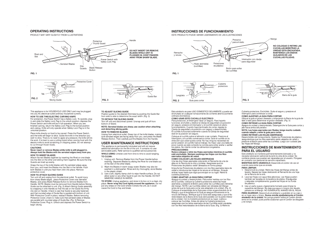 Windmere EK1 user service Operating Instructions, Instrucciones DE Funcionamiento, User Maintenance Instructions 