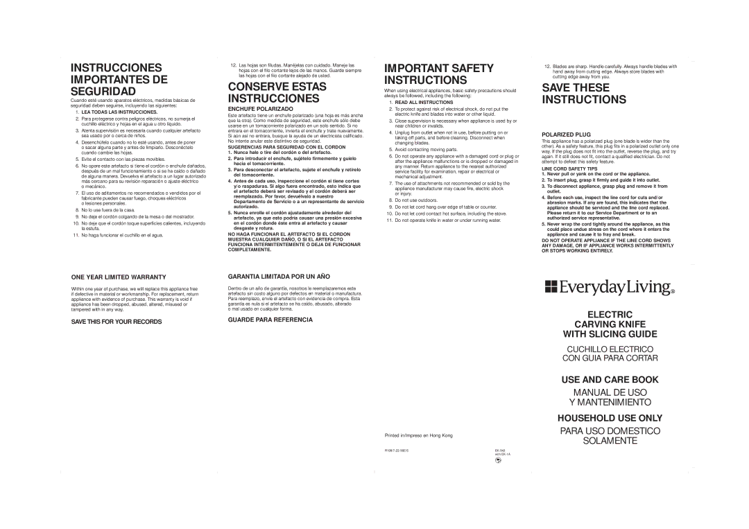 Windmere EK1 user service LEA Todas LAS Instrucciones, Sugerencias Para Seguridad CON EL Cordon, Read ALL Instructions 