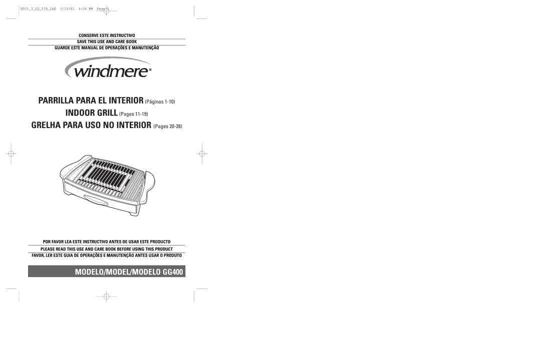 Windmere manual MODELO/MODEL/MODELO GG400 