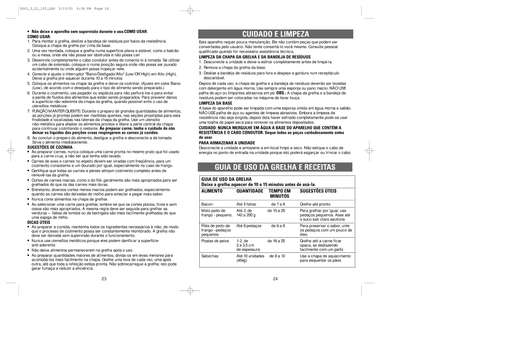 Windmere GG400 manual Cuidado E Limpeza, Guia DE USO DA Grelha E Receitas 