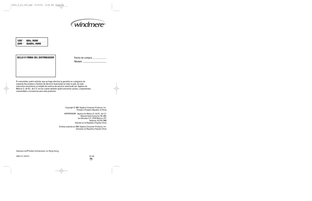 Windmere GG400 manual Sello O Firma DEL Distribuidor, Fecha de compra Modelo 