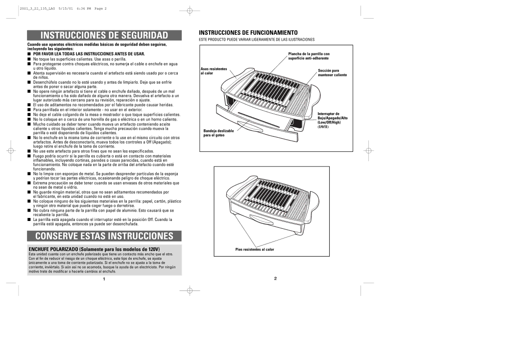 Windmere GG400 manual Instrucciones DE Seguridad, POR Favor LEA Todas LAS Instrucciones Antes DE Usar 