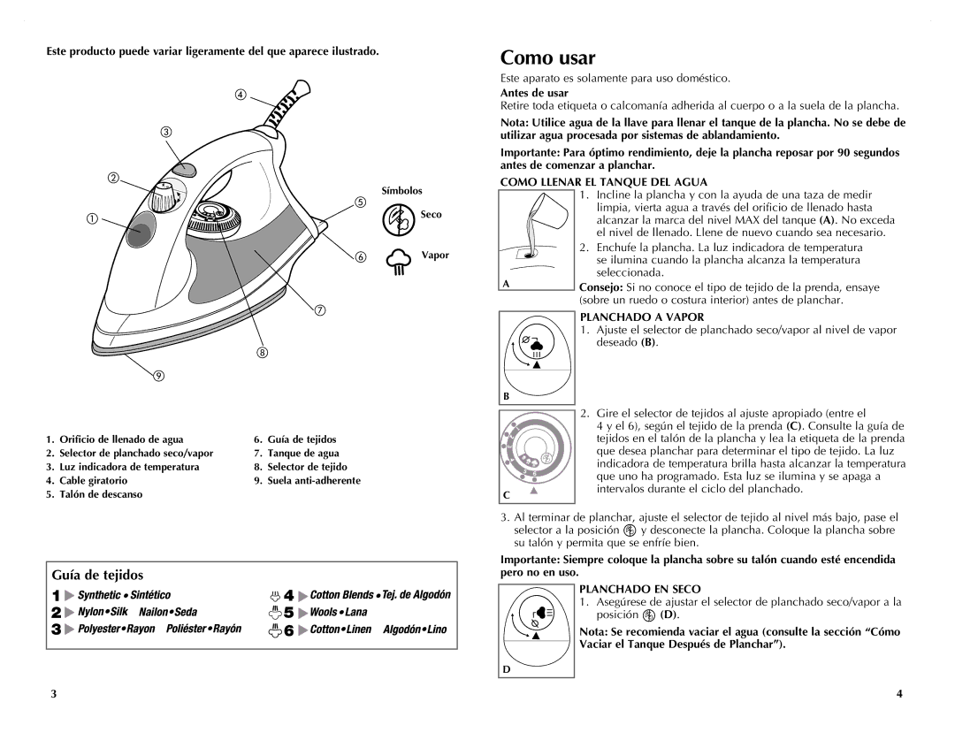 Windmere I-210 manual Como usar, Antes de usar, Como Llenar EL Tanque DEL Agua, Planchado a Vapor, Planchado EN Seco 