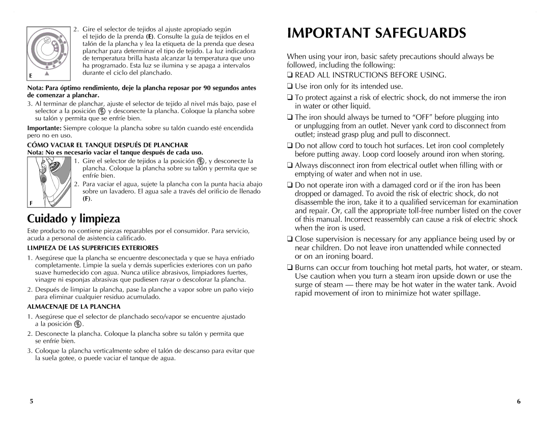 Windmere I-210 manual Important Safeguards, Cuidado y limpieza, Cómo Vaciar EL Tanque Después DE Planchar 