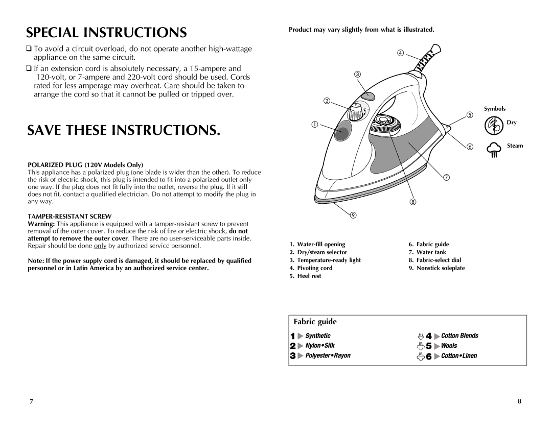 Windmere I-210 manual Special Instructions, Polarized Plug 120V Models Only, TAMPER-RESISTANT Screw 