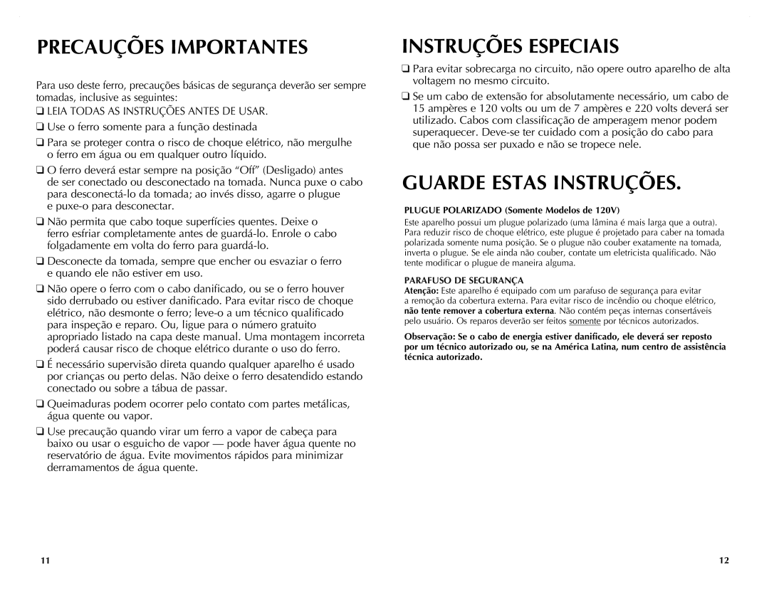 Windmere I-210 Precauções Importantes, Instruções Especiais, Guarde Estas Instruções, Plugue Polarizado Somente Modelos de 