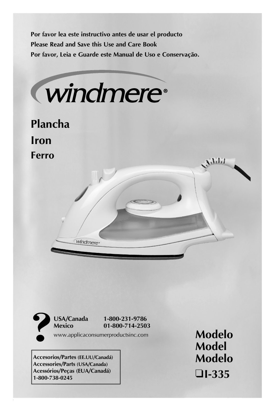 Windmere I-335 manual Plancha Iron, Modelo 335, Por favor, Leia e Guarde este Manual de Uso e Conservação 