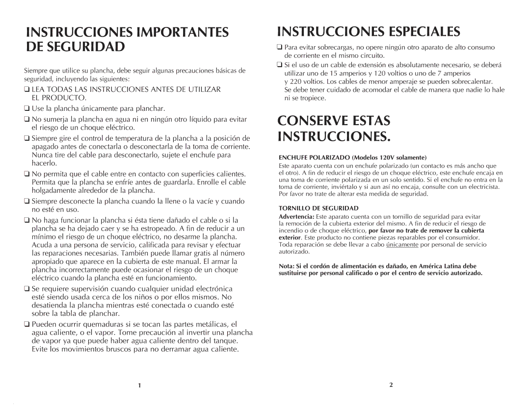 Windmere I-335 manual Instrucciones Especiales, Conserve Estas Instrucciones, Enchufe Polarizado Modelos 120V solamente 