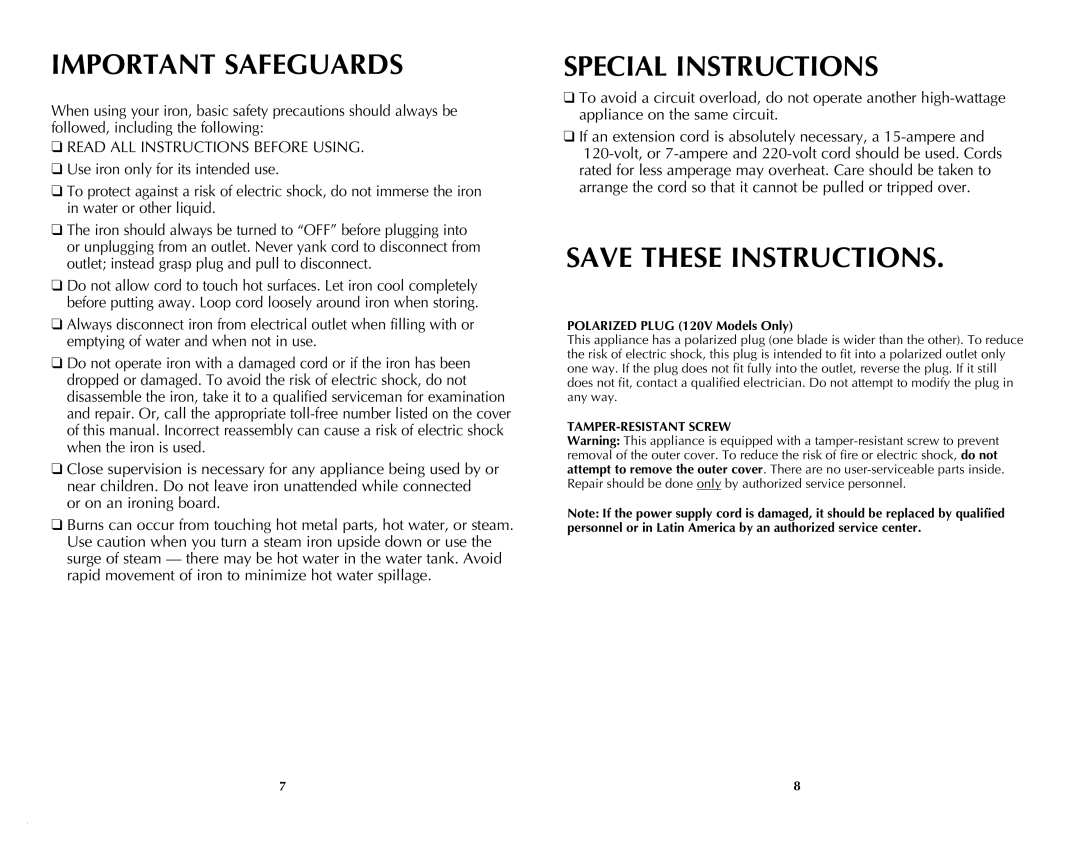 Windmere I-335 manual Important Safeguards, Special Instructions, Polarized Plug 120V Models Only, TAMPER-RESISTANT Screw 