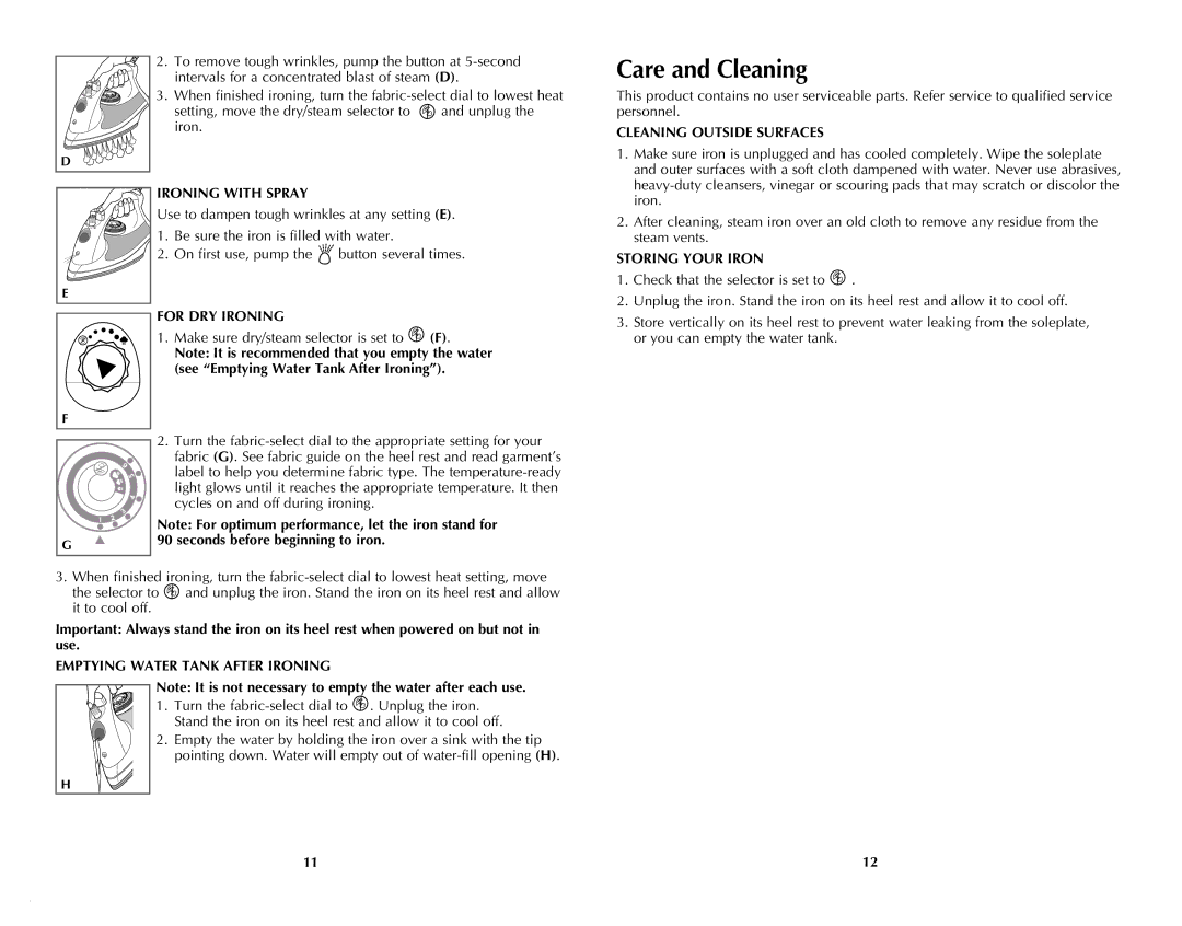 Windmere I-335 manual Care and Cleaning 