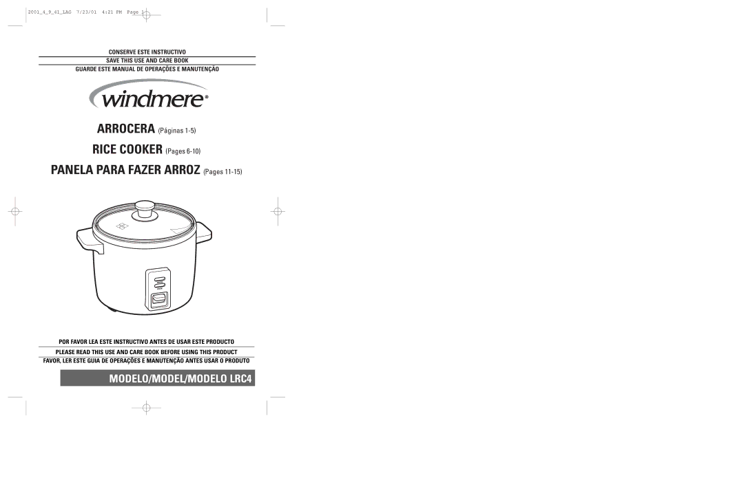 Windmere manual Rice Cooker Pages Panela Para Fazer Arroz Pages, MODELO/MODEL/MODELO LRC4 