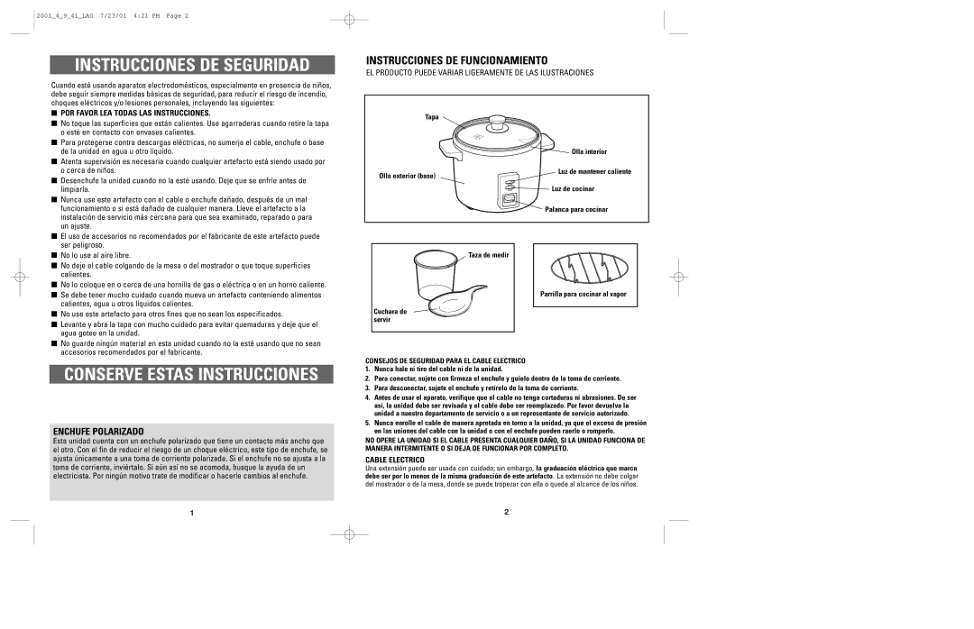 Windmere LRC4 manual Instrucciones DE Seguridad, Instrucciones DE Funcionamiento, Enchufe Polarizado 