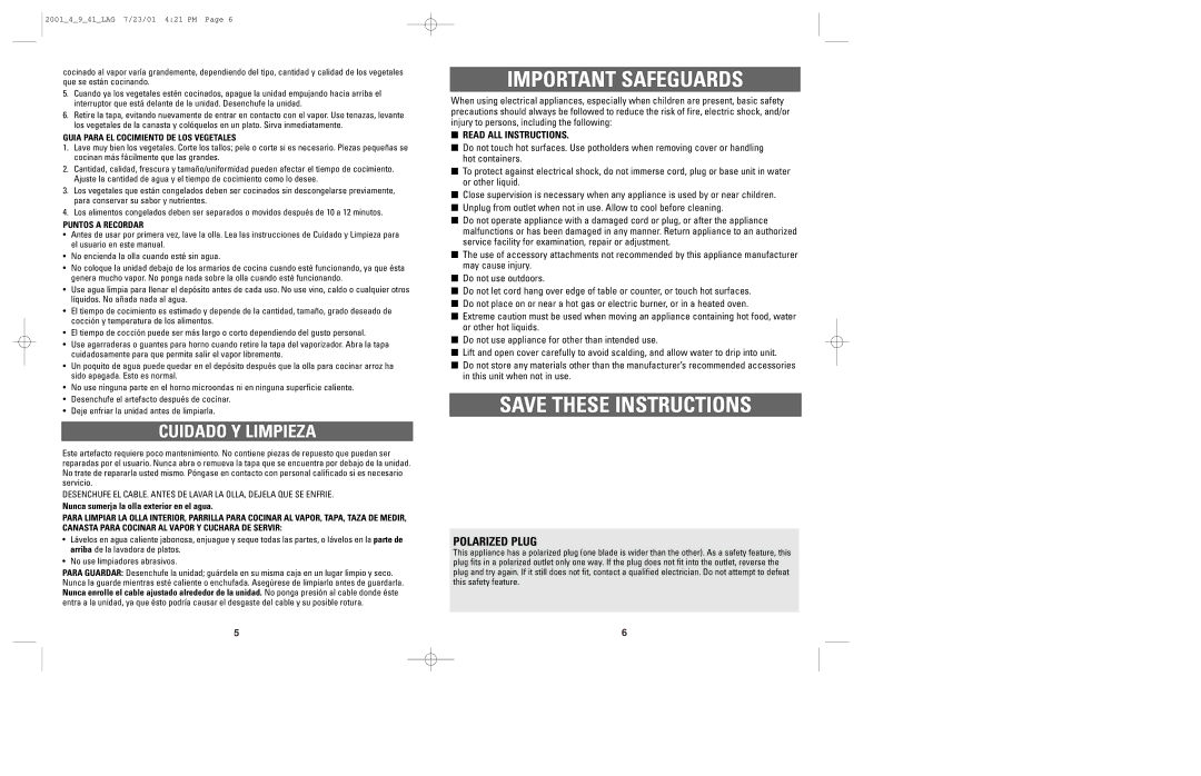 Windmere LRC4 manual Important Safeguards, Cuidado Y Limpieza, Polarized Plug, Guia Para EL Cocimiento DE LOS Vegetales 