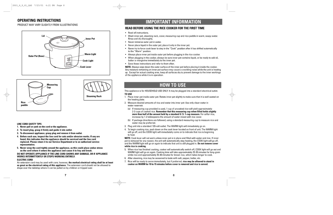 Windmere LRC4 manual Important Information, HOW to USE, Operating Instructions 