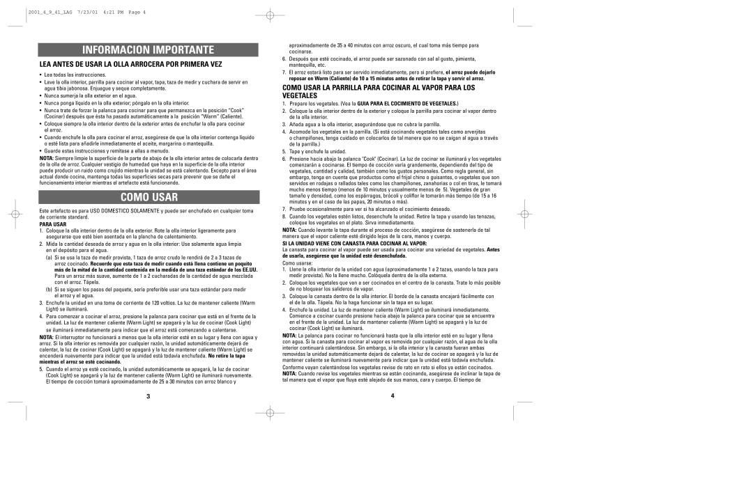 Windmere LRC4 manual Informacion Importante, Como Usar, Lea Antes De Usar La Olla Arrocera Por Primera Vez, Para Usar 