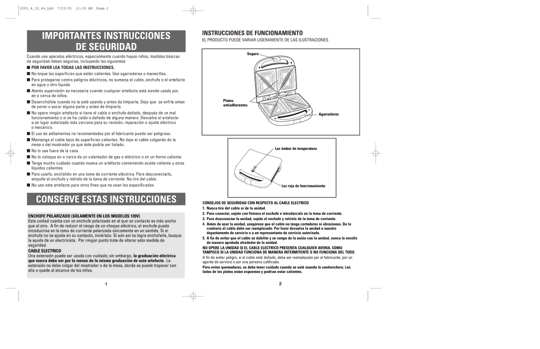 Windmere SR100 manual Importantes Instrucciones DE Seguridad, Instrucciones DE Funcionamiento, Cable Electrico 