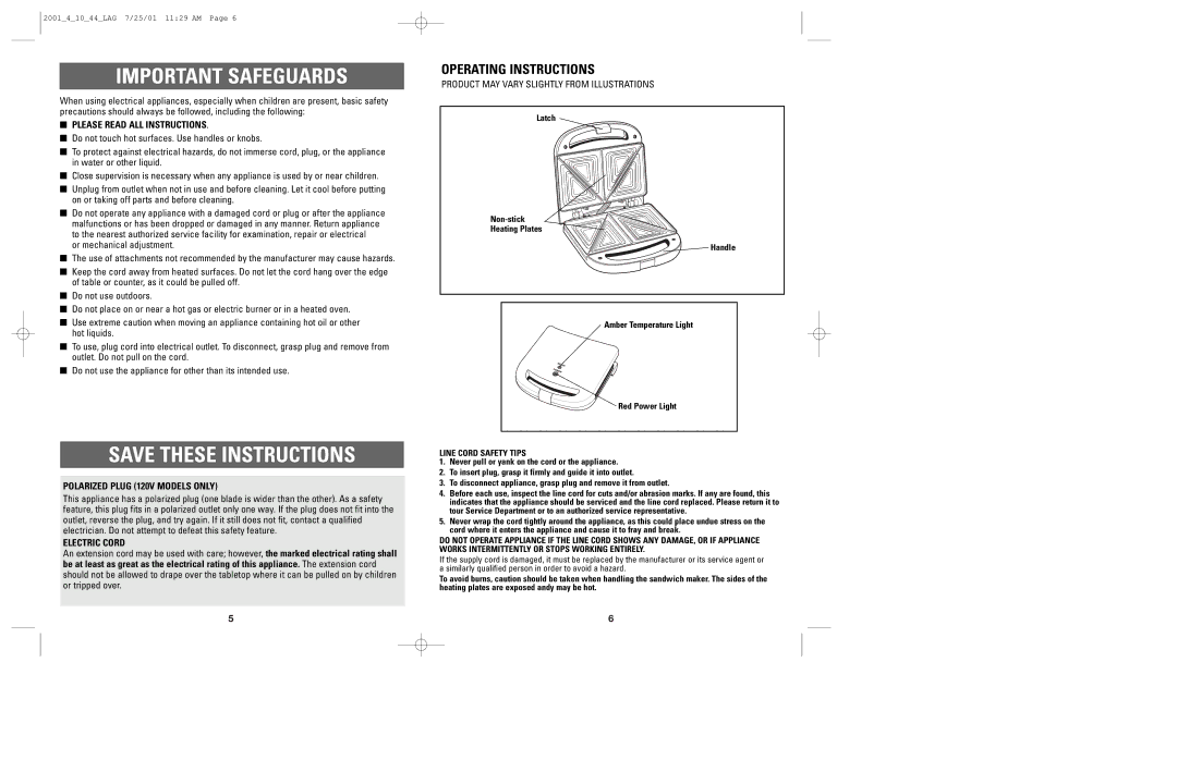 Windmere SR100 Important Safeguards, Operating Instructions, Please Read ALL Instructions, Polarized Plug 120V Models only 