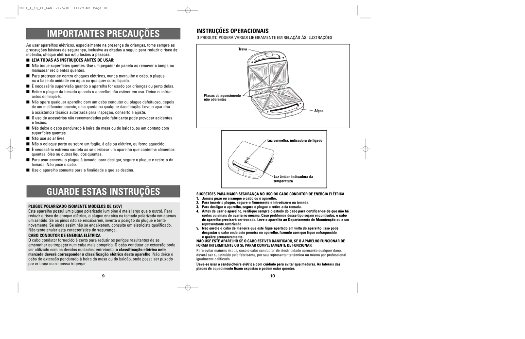 Windmere SR100 manual Importantes Precauções, Guarde Estas Instruções, Instruções Operacionais 