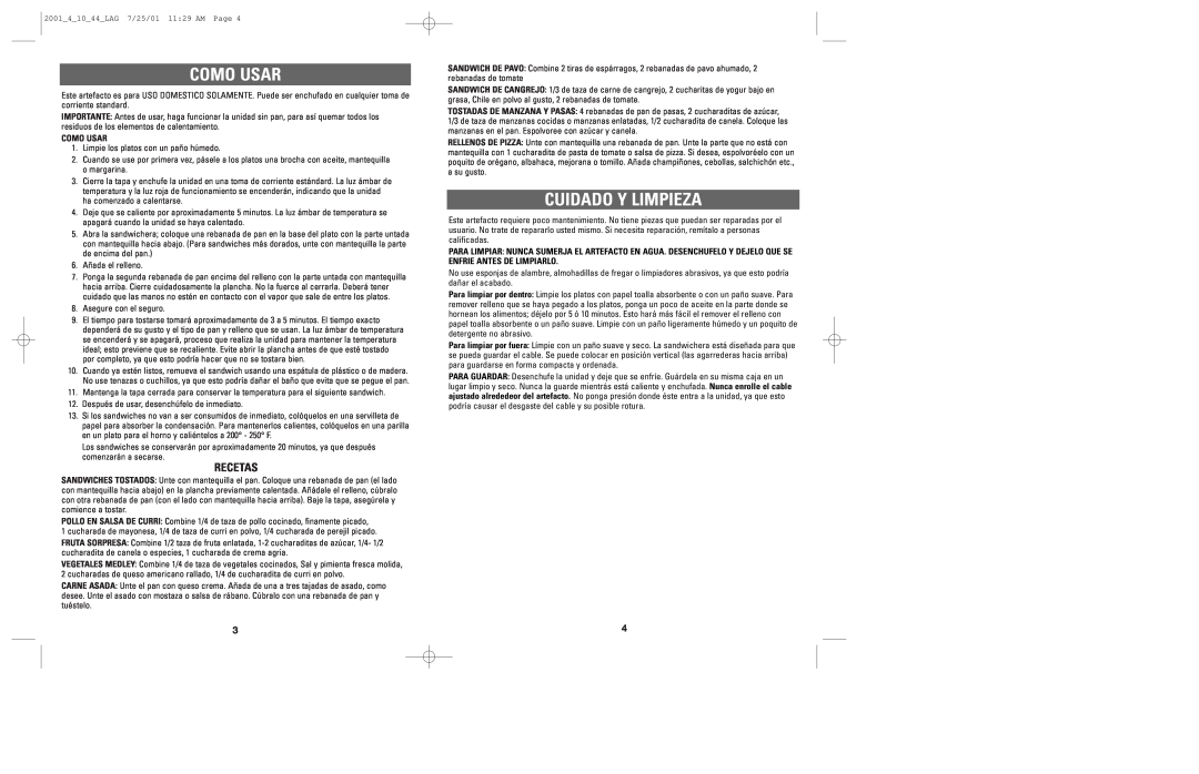 Windmere SR100 manual Como Usar, Cuidado Y Limpieza, Recetas 