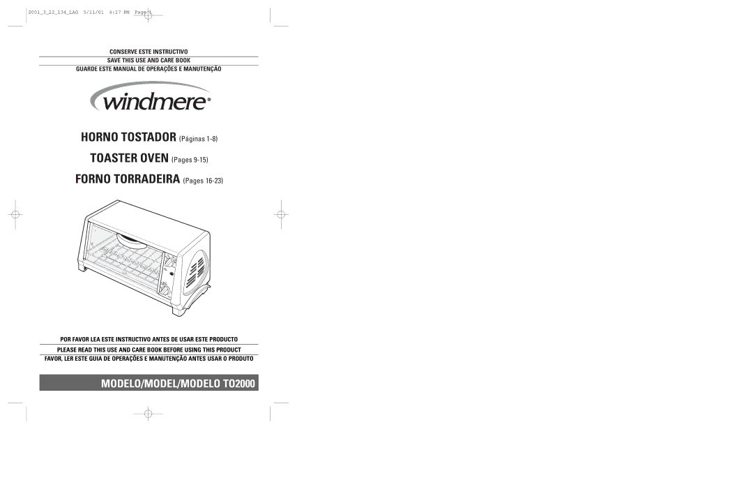 Windmere manual MODELO/MODEL/MODELO TO2000 