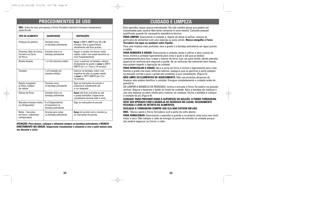 Windmere TO2000 manual Procedimentos DE USO, Cuidado E Limpeza, Tipo DE Alimento Quantidade Instruções 