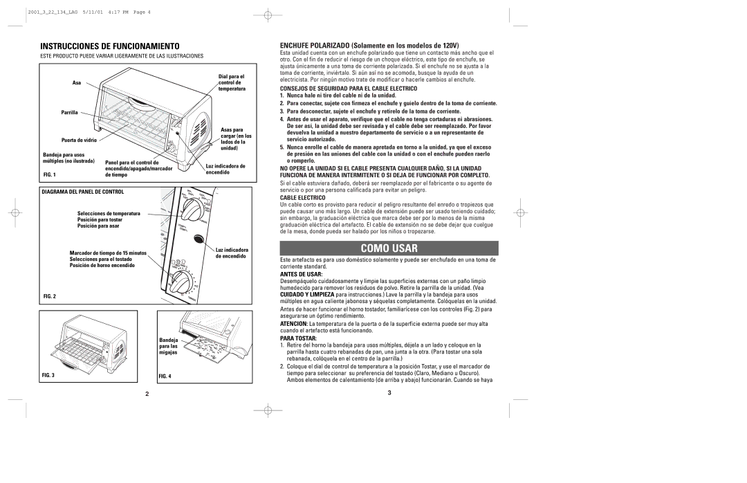 Windmere TO2000 manual Como Usar, Instrucciones DE Funcionamiento, Enchufe Polarizado Solamente en los modelos de 