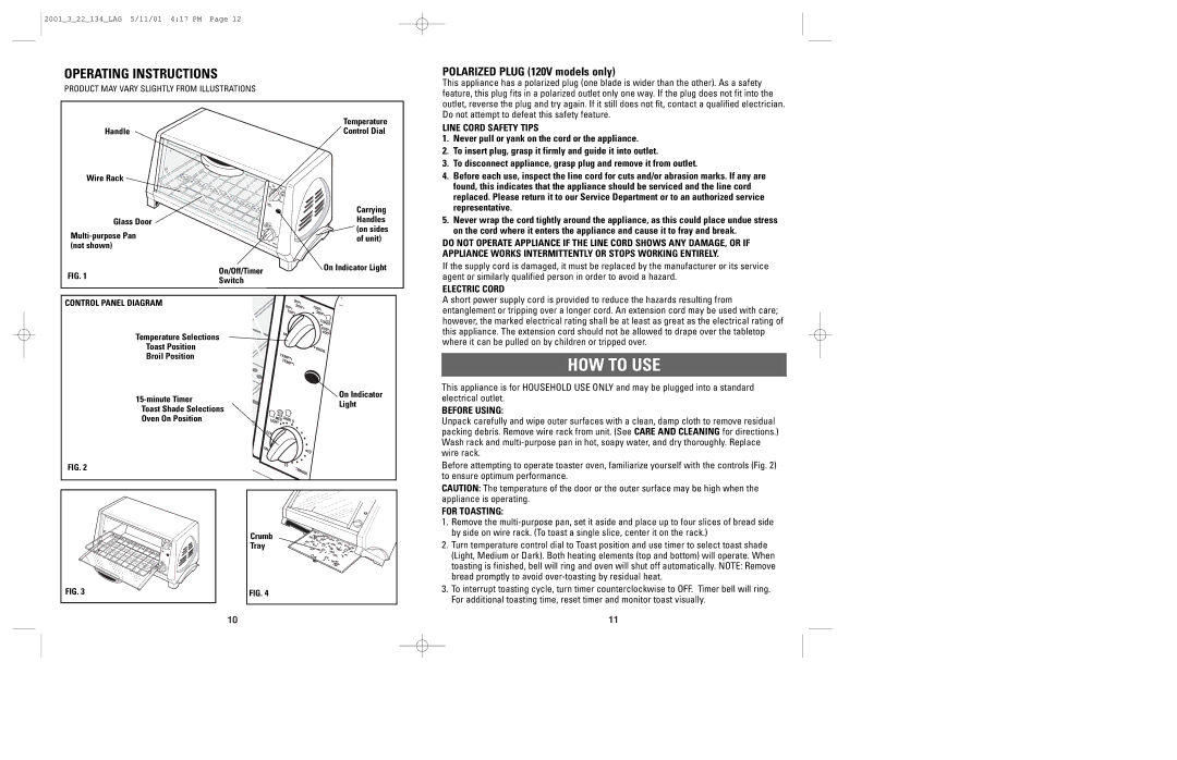 Windmere TO2000 manual HOW to USE, Operating Instructions, Polarized Plug 120V models only 