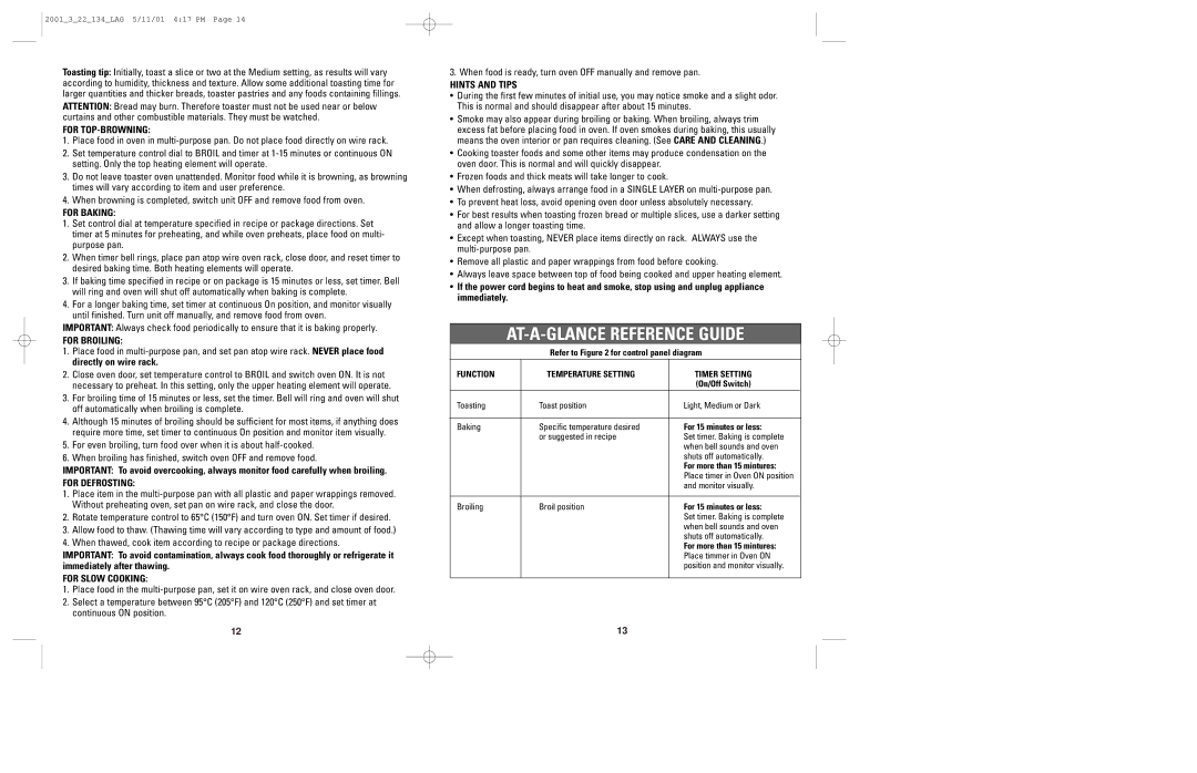 Windmere TO2000 manual AT-A-GLANCE Reference Guide 