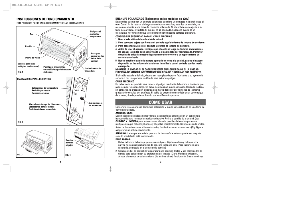 Windmere TO2000 manual Como Usar, Instrucciones De Funcionamiento, ENCHUFE POLARIZADO Solamente en los modelos de 