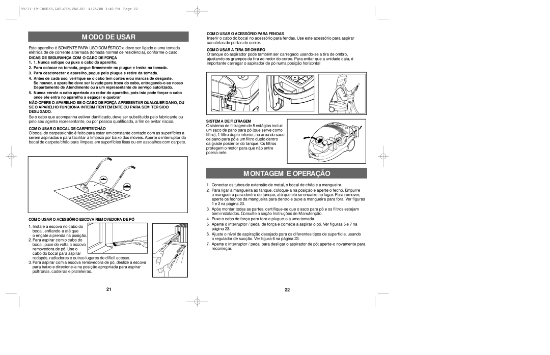 Windmere V1000 manual Modo DE Usar, Montagem E Operação 