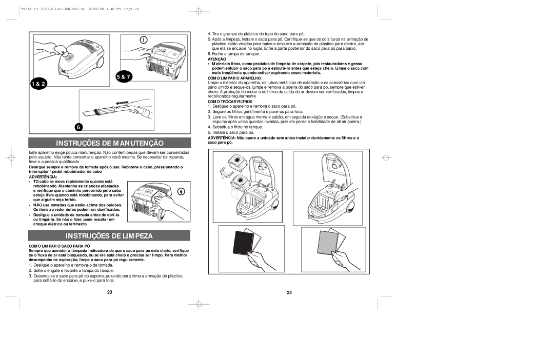 Windmere V1000 manual Instruções DE Manutenção, Instruções DE Limpeza 